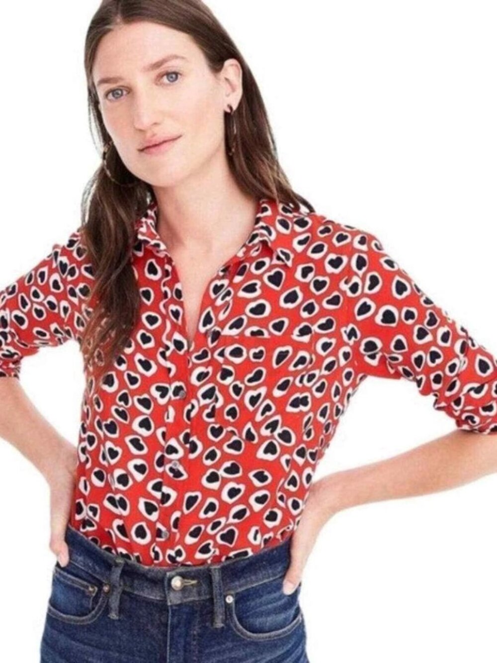 J Crew Silk Blouse Heart Long Sleeve Button Collared Sz 6 Blouse $128 NWT